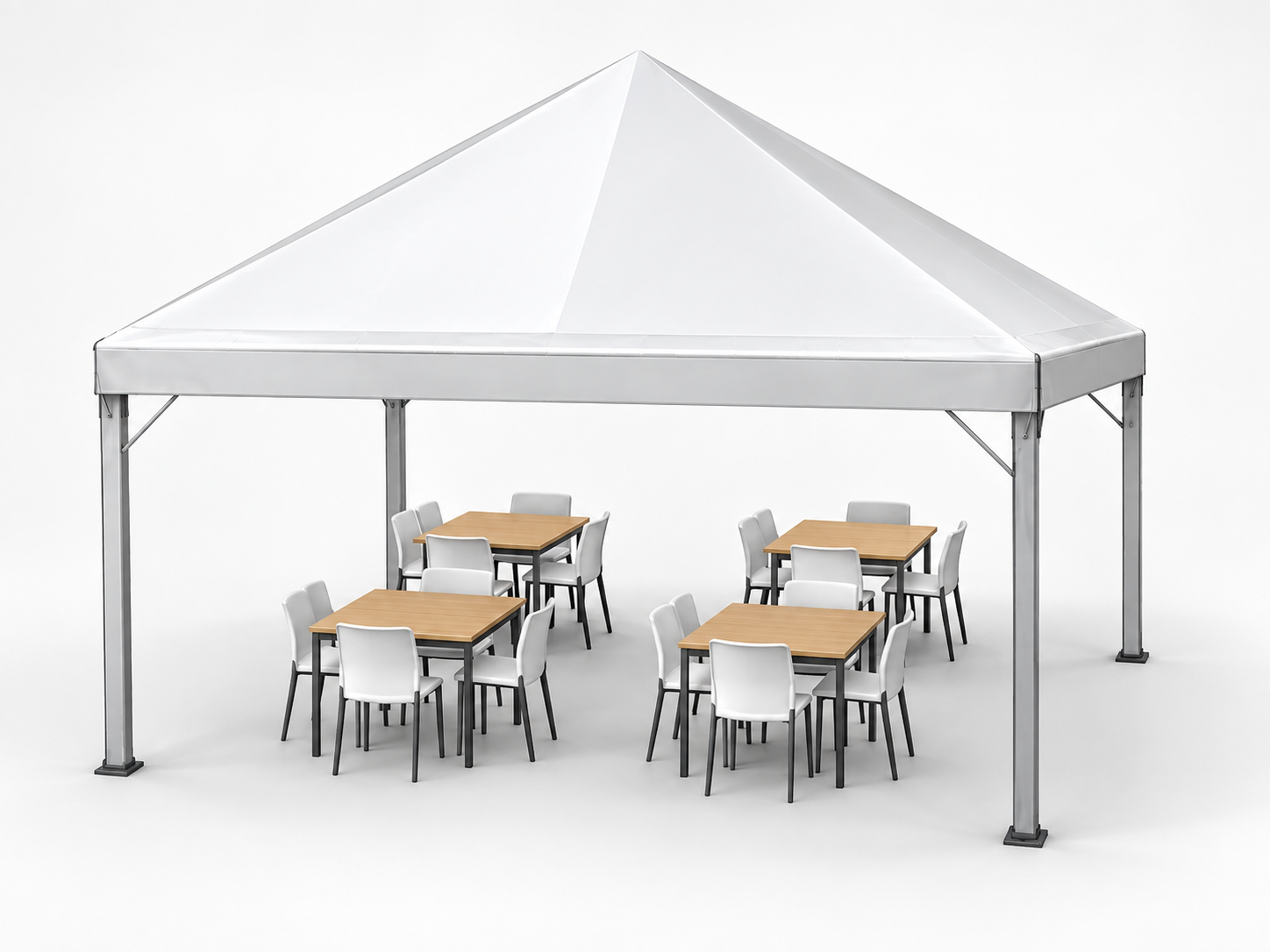 Tenda 3x3 com mesas quadradas e cadeiras