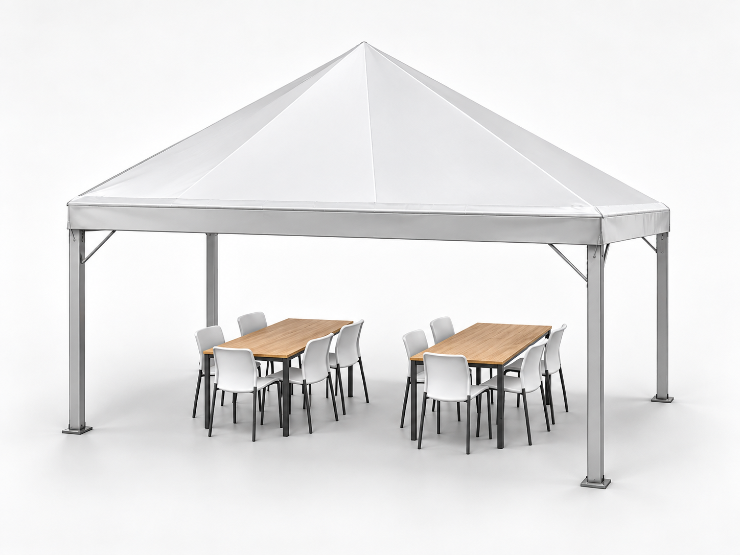 Tenda 3x3 com mesas retangulares e cadeiras