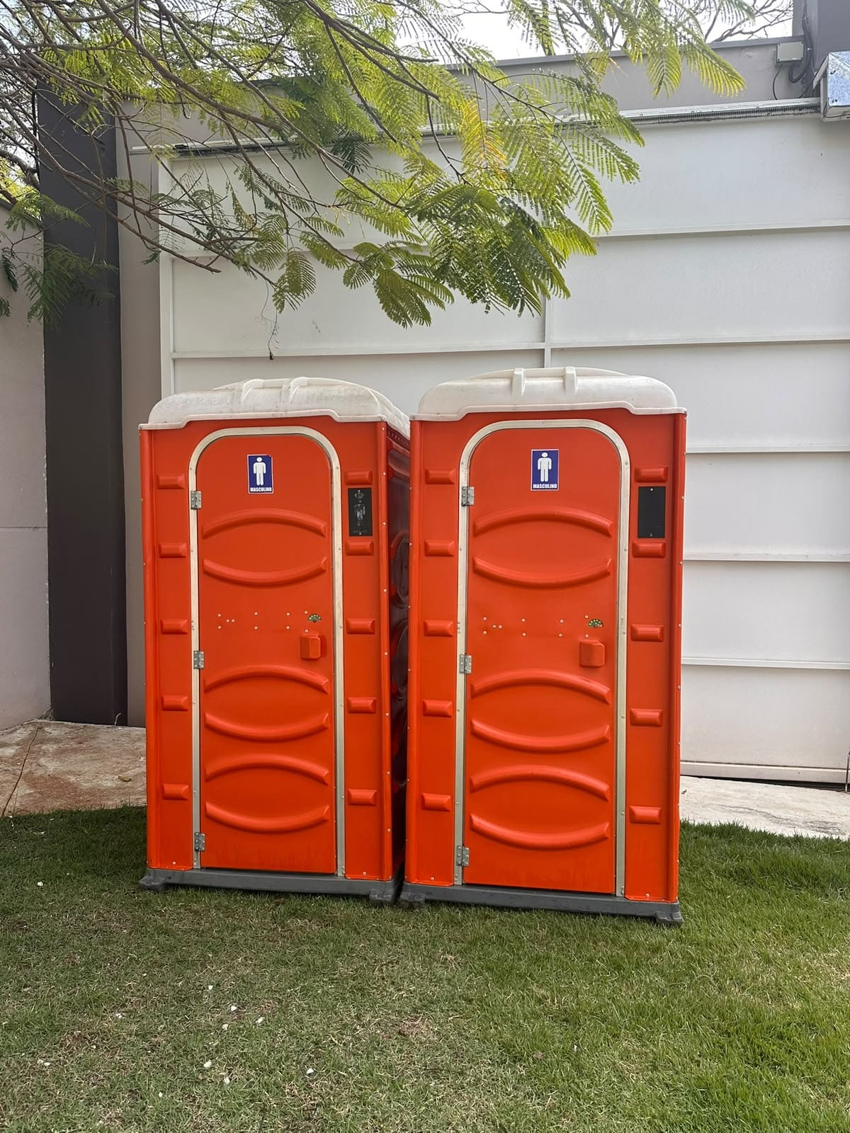 Dois banheiros químicos laranja no gramado, junto a um muro branco