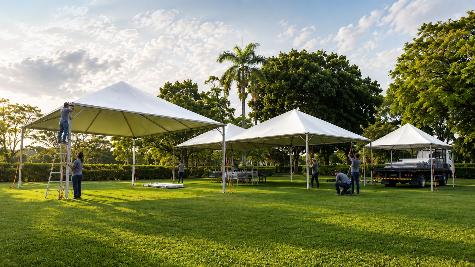 Estruturas de tendas montadas pela Mathias Eventos em área de evento